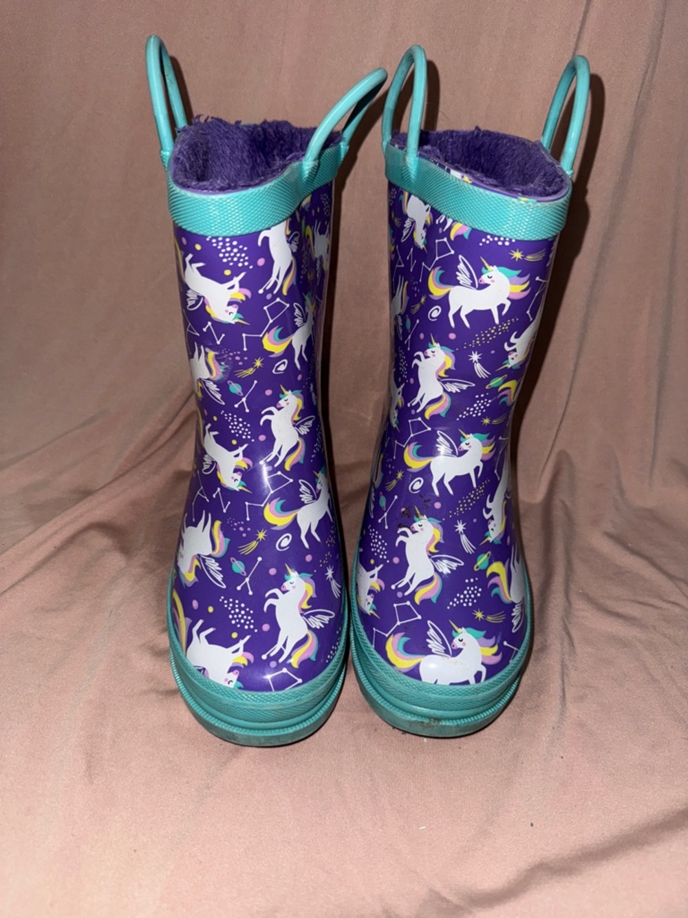 Kids Purple Unicorn Rain Boots with Teal Trim